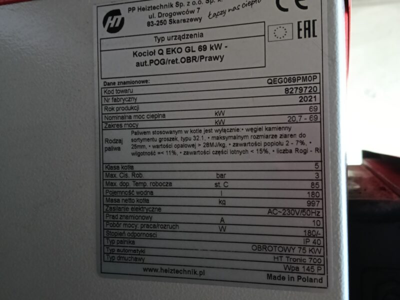 Piec heiztechnik 69 kw z podajnikiem na ekogroszek