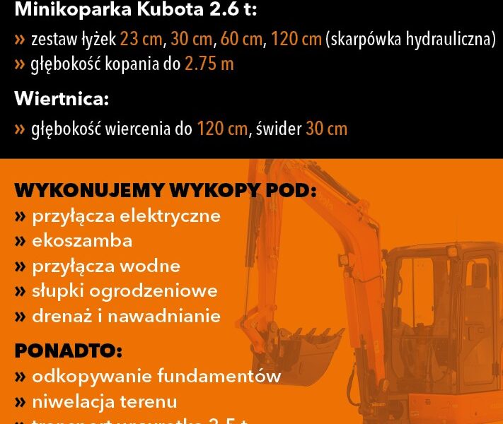 Usługi minikoparka Kubota 2.7t wiertnica +bus wywrotka 3.5t