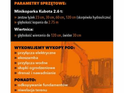 Usługi minikoparka Kubota 2.7t wiertnica +bus wywrotka 3.5t