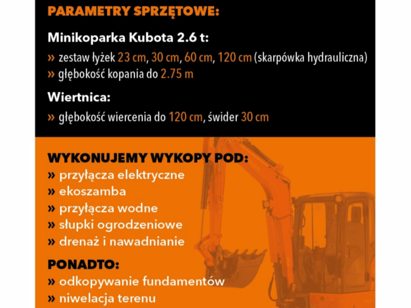 Usługi minikoparka Kubota 2.7t wiertnica +bus wywrotka 3.5t
